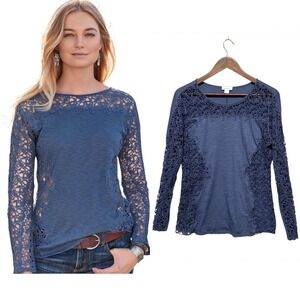Sundance Lily's Paramour Womens Long Sleeve Crochet Top in Stormy Blue‎ Size S